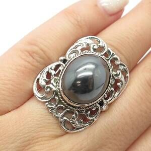 800 Silver Vintage Real Hematite Gemstone Ornate Ring Size 6.25